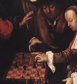 detail of a painting by the Dutch master, van Leyden, showing courier chess in play